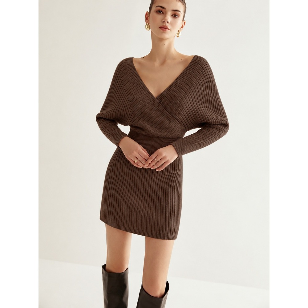 COMMENSE Brown Criss Cross Cinched Long Sleeve Sweater Dress M NEW